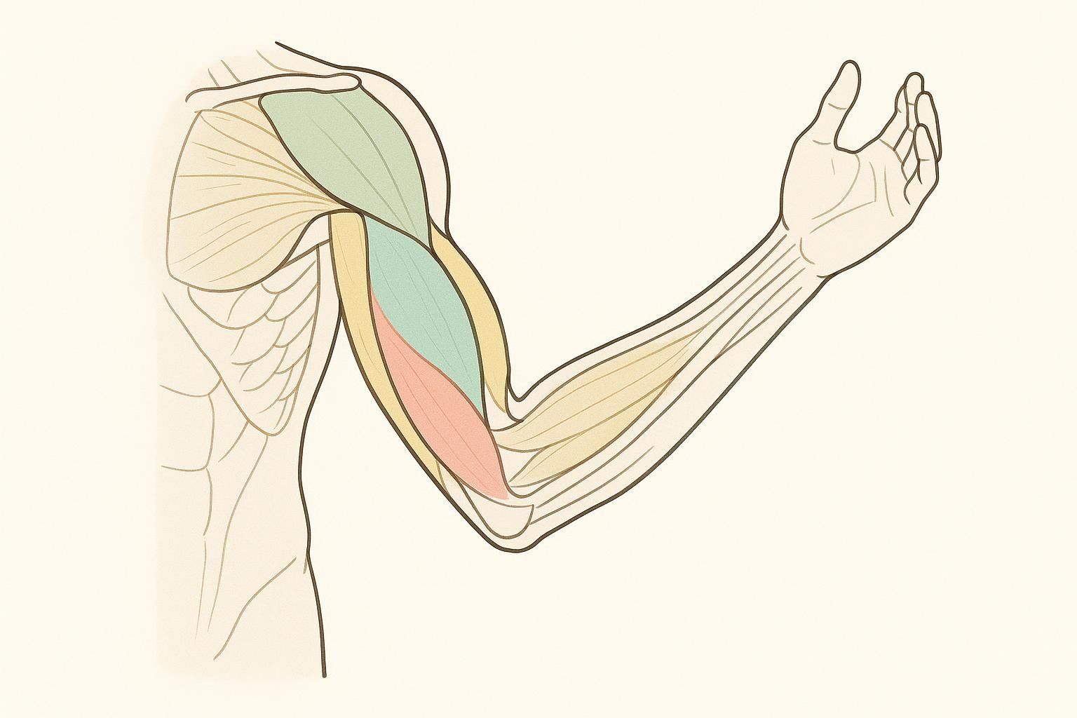 A simplified diagram of the human arm, showing the bicep muscle in green and the tricep muscle in red, with other arm muscles in a light yellow color.