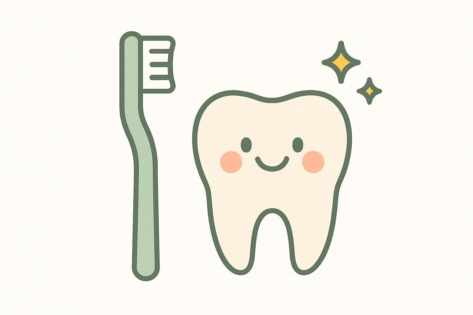 A friendly illustration featuring a green toothbrush and a happy, sparkling cartoon tooth with rosy cheeks, suggesting good oral hygiene.