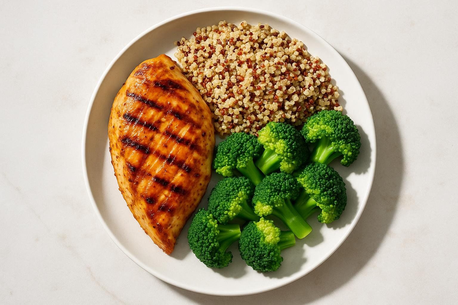 A healthy meal with chicken, quinoa, and broccoli, representing a high-protein diet for muscle building.