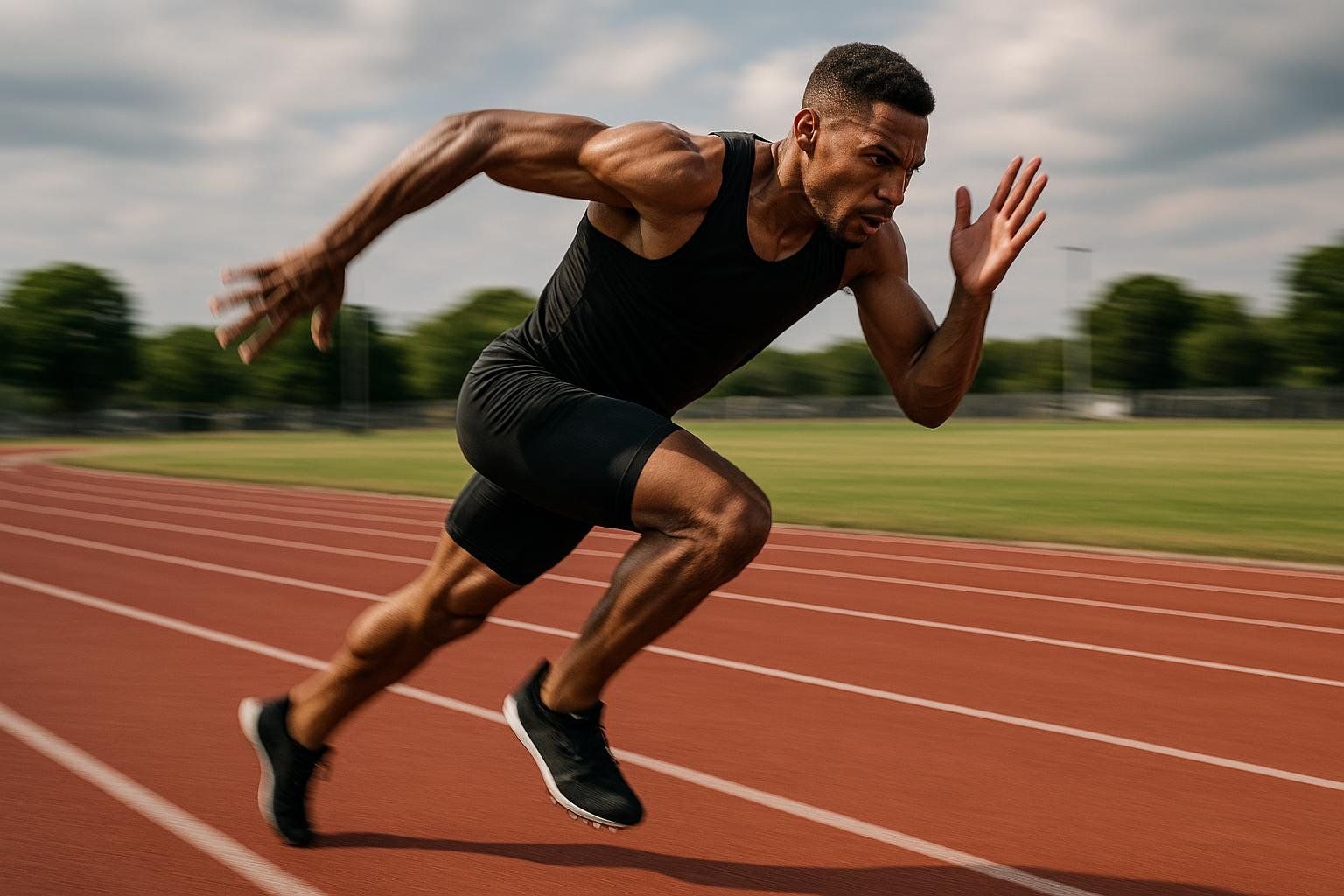 An athlete sprints on a track, demonstrating the peak effort required for a HIIT workout.