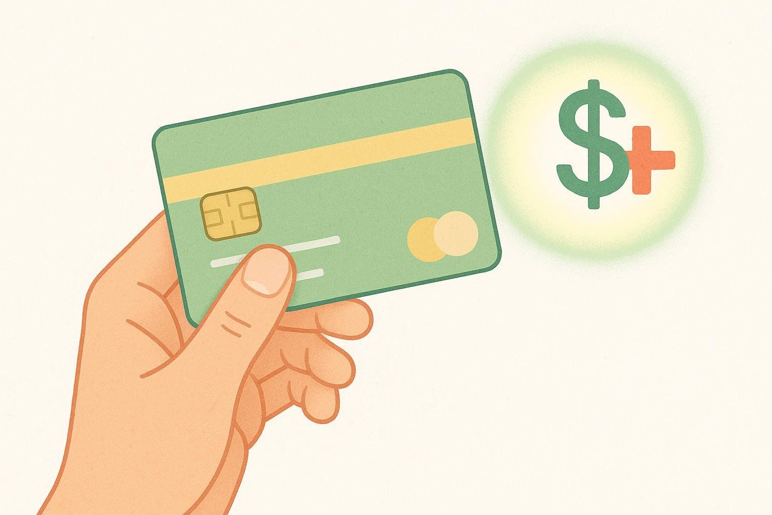 An illustration of a hand holding a green payment card with a golden stripe and chip. Next to it, a glowing green circle contains a dollar sign ($) and a plus sign (+), symbolizing HSA/FSA funds.
