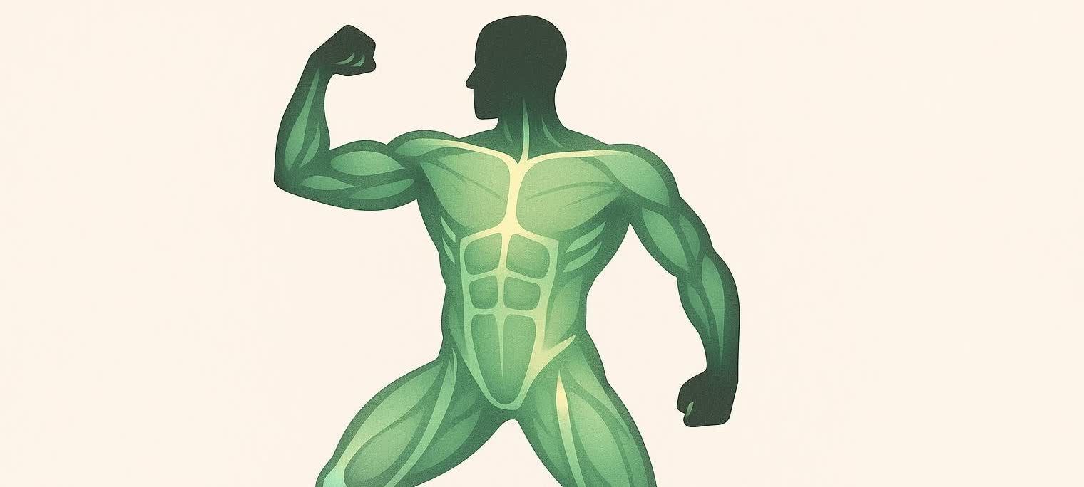 An illustration of a human silhouette with green glowing muscles, depicted in a powerful pose, representing muscle growth and strength.