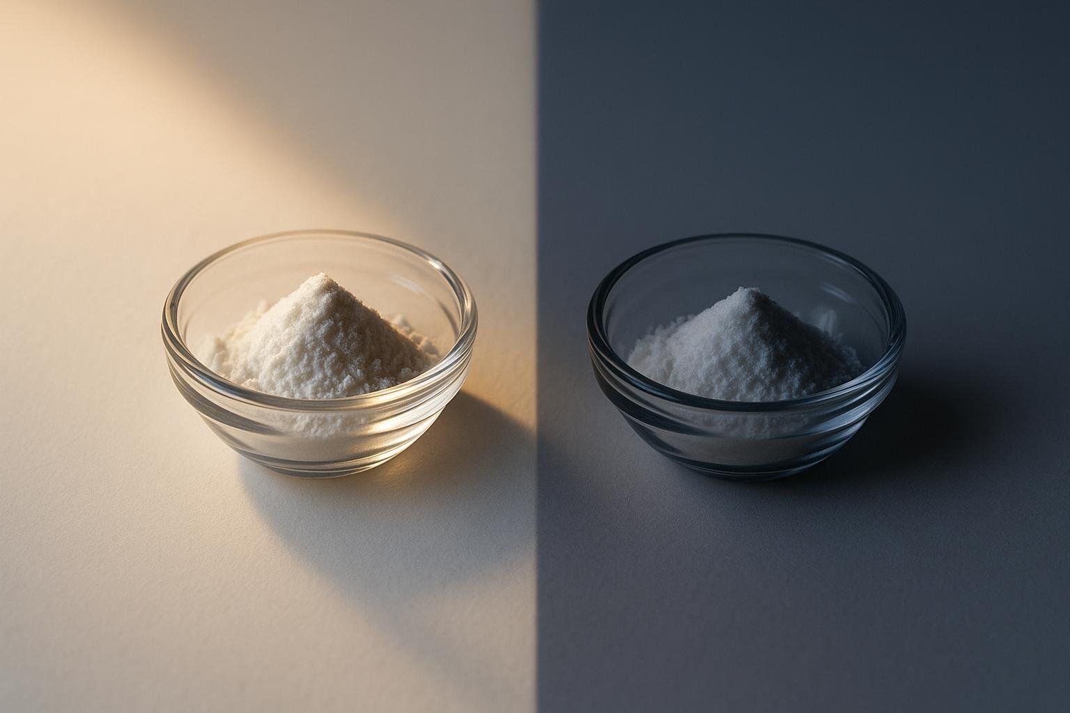 Two clear bowls, each containing a mound of white inositol powder. The left bowl is illuminated by bright, warm light, suggesting morning, while the right bowl is in a dark, cool light, suggesting evening. This illustrates a split daily dose.