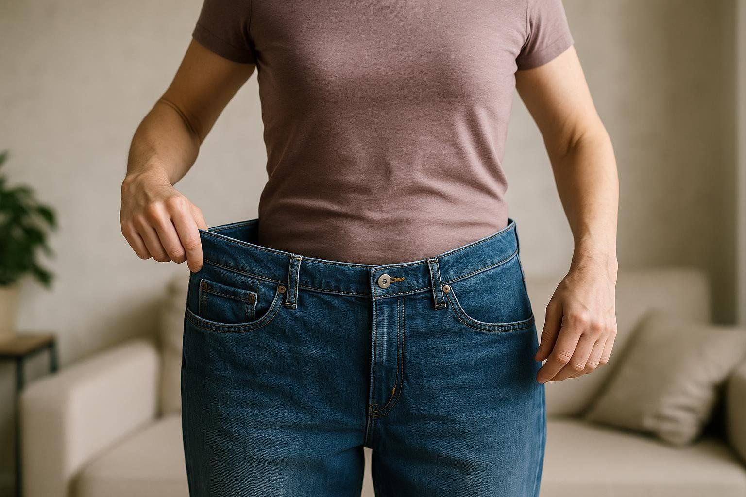 Person holding out the waistband of oversized jeans showing weight loss results.