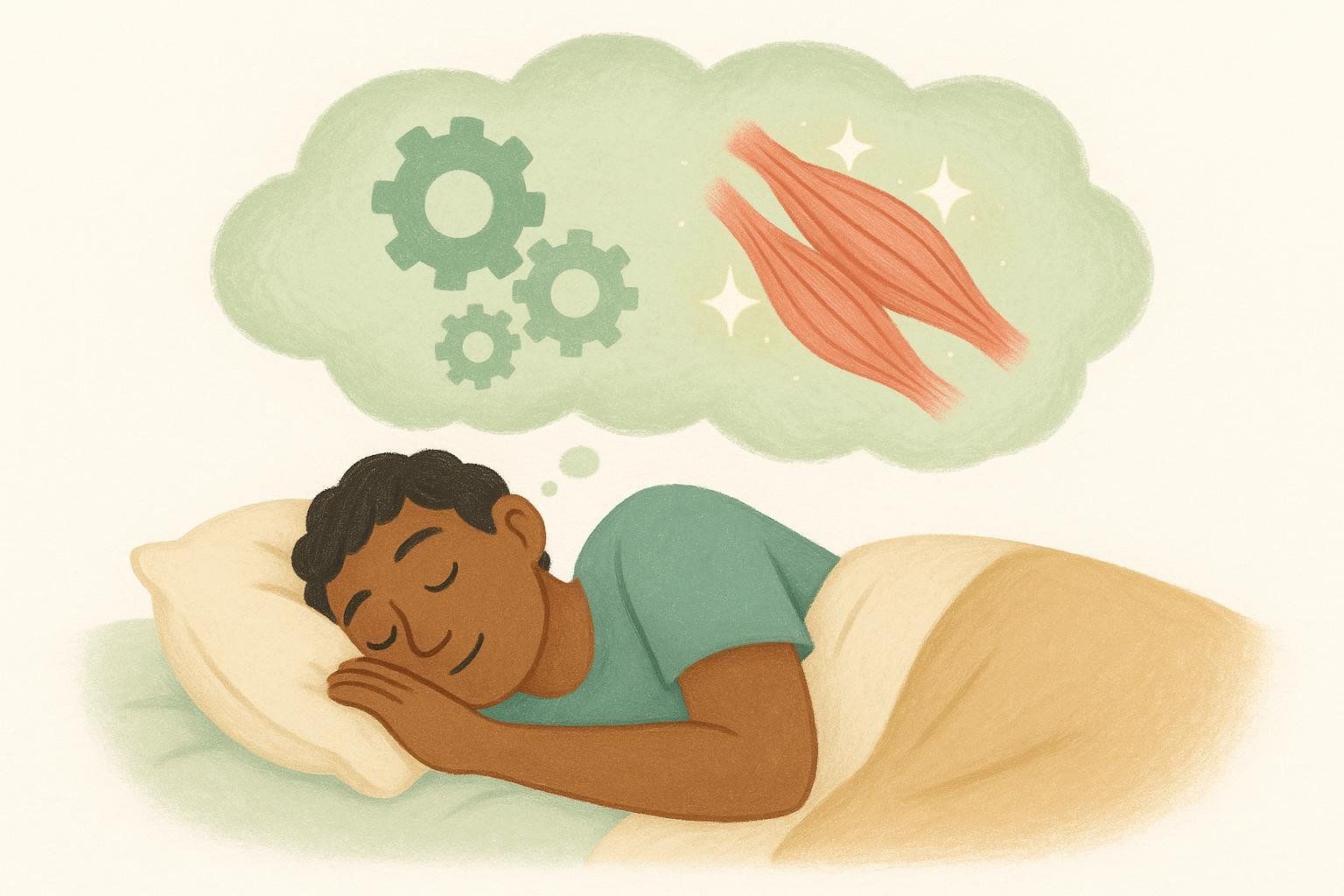An illustration of a person sleeping peacefully under a blanket, with a thought bubble above their head containing icons of gears and sparkling muscles, symbolizing the importance of sleep for muscle repair and recovery.