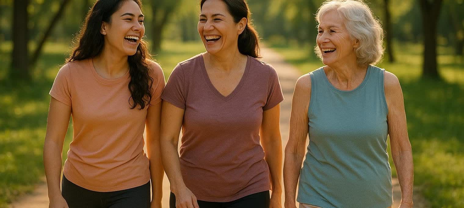 Three women of different ages walking and smiling together outdoors, representing a lifelong commitment to health and vitality.