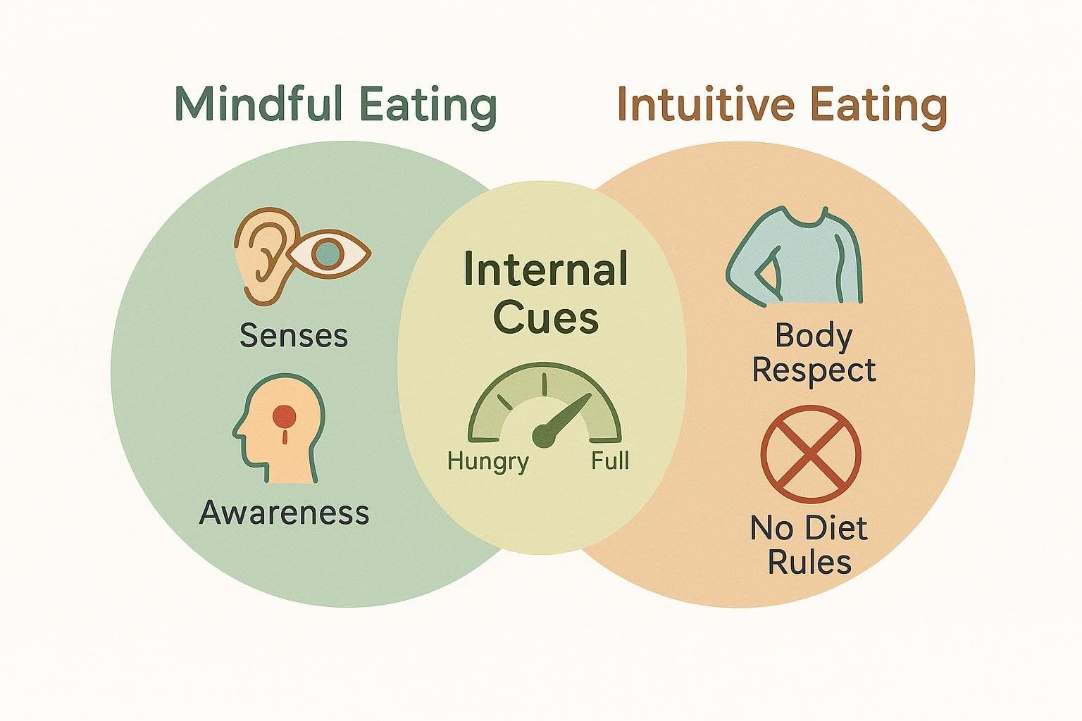 Venn diagram comparing Mindful Eating (awareness, senses) and Intuitive Eating (body respect), showing their overlap in honoring internal cues.