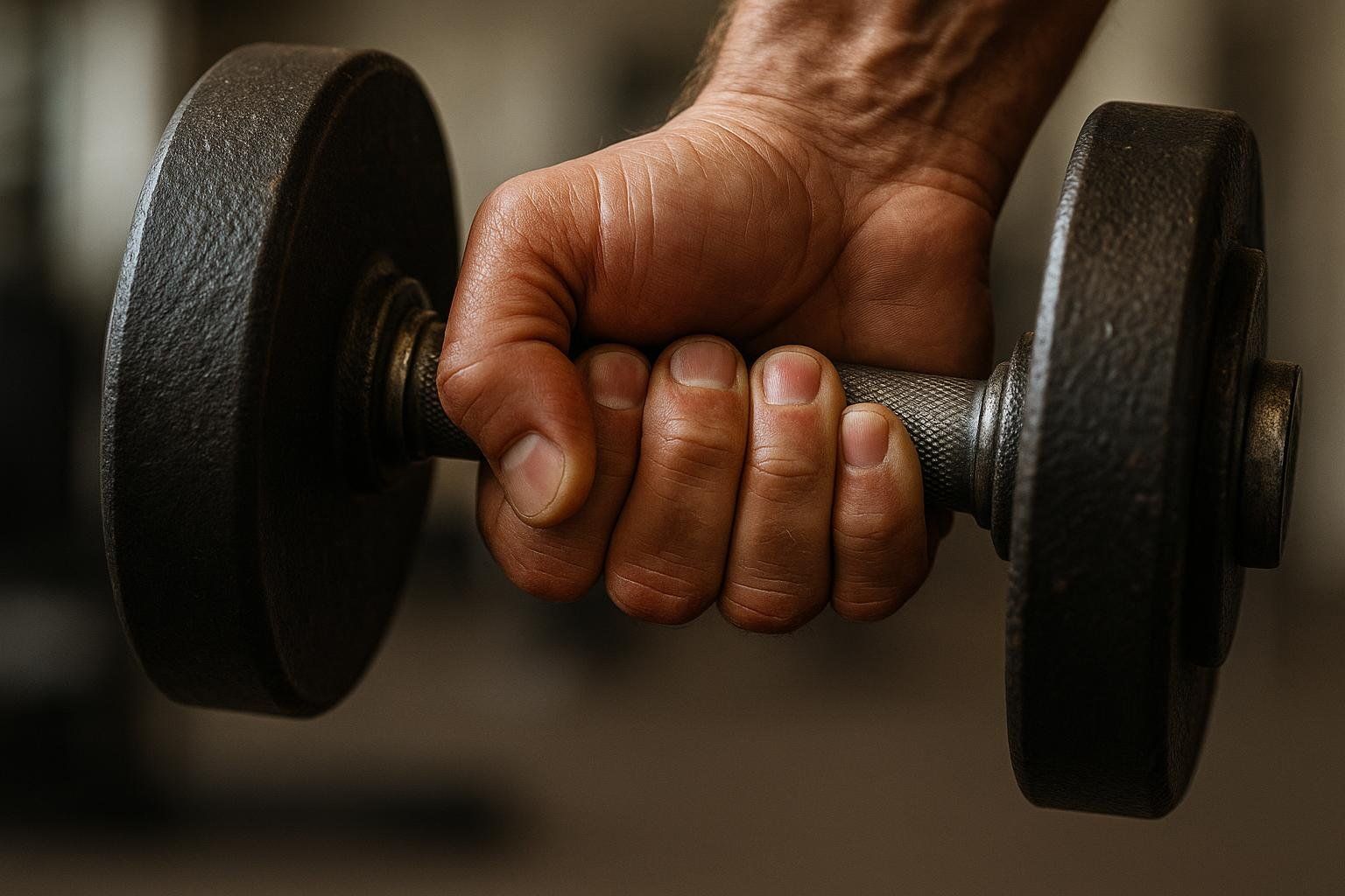 A close-up shot of a muscular hand gripping the knurled handle of a heavy, dark-colored dumbbell, highlighting the texture of both the hand and the weight.
