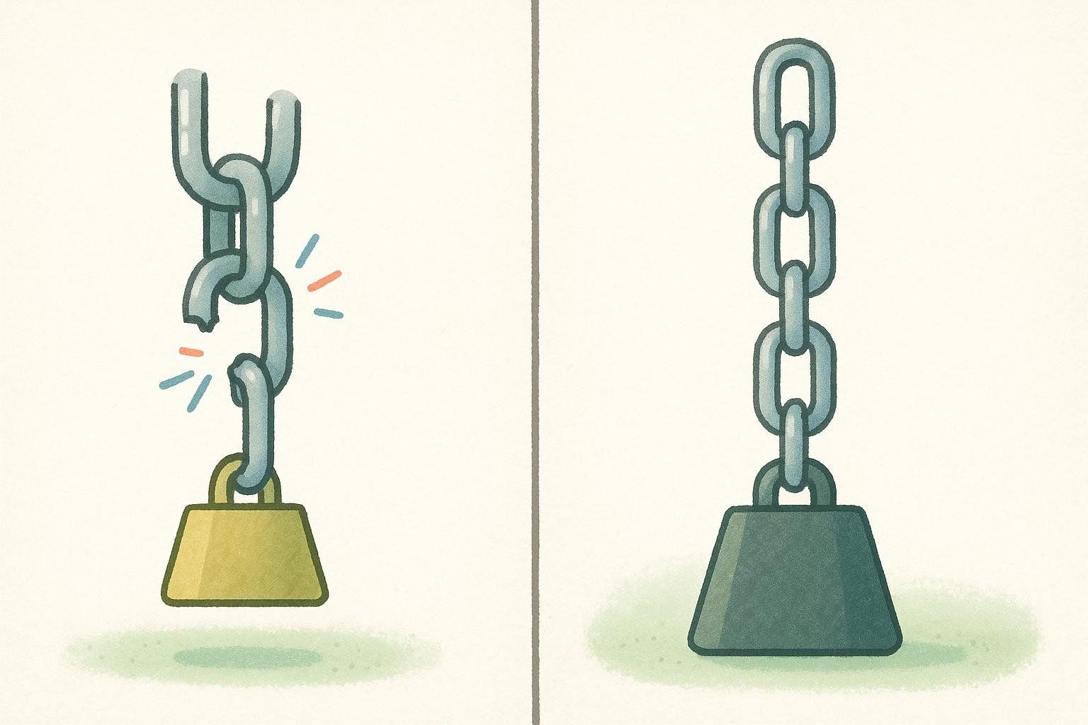 A visual metaphor showing a short, breaking chain (BCAAs) versus a long, strong chain (EAAs) to illustrate their different effects on muscle building.