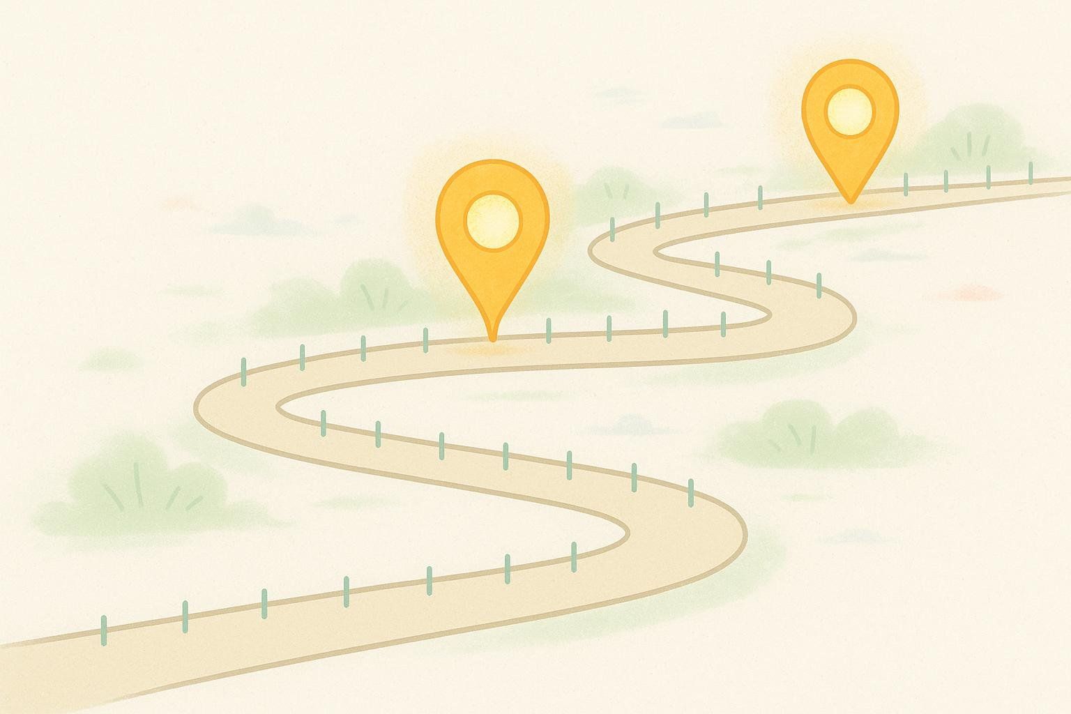 An illustration depicting a winding path with frequent small vertical markers and two larger, glowing pin-shaped markers. This symbolizes a timeline with regular small check-ins and periodic significant checkpoints.