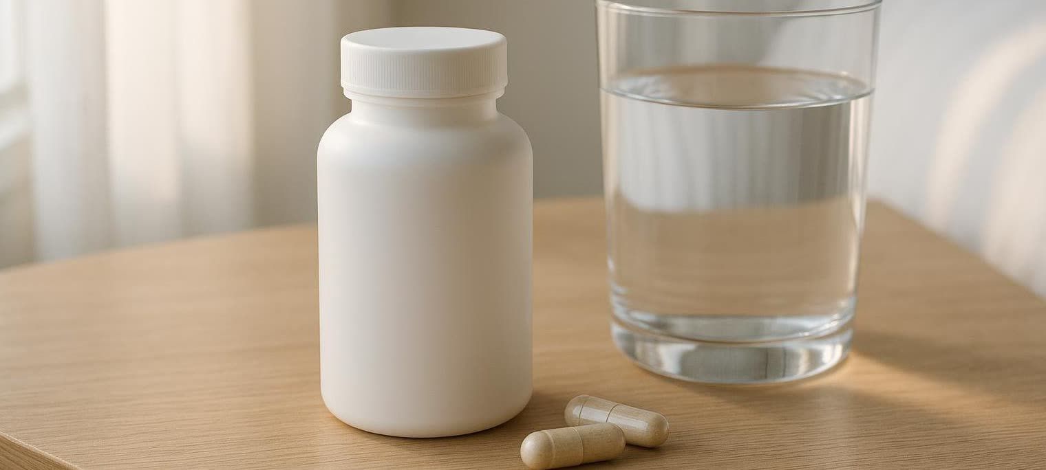 A white minimalist bottle, two light-colored capsules, and a glass of water are arranged on a wooden surface, likely a nightstand.