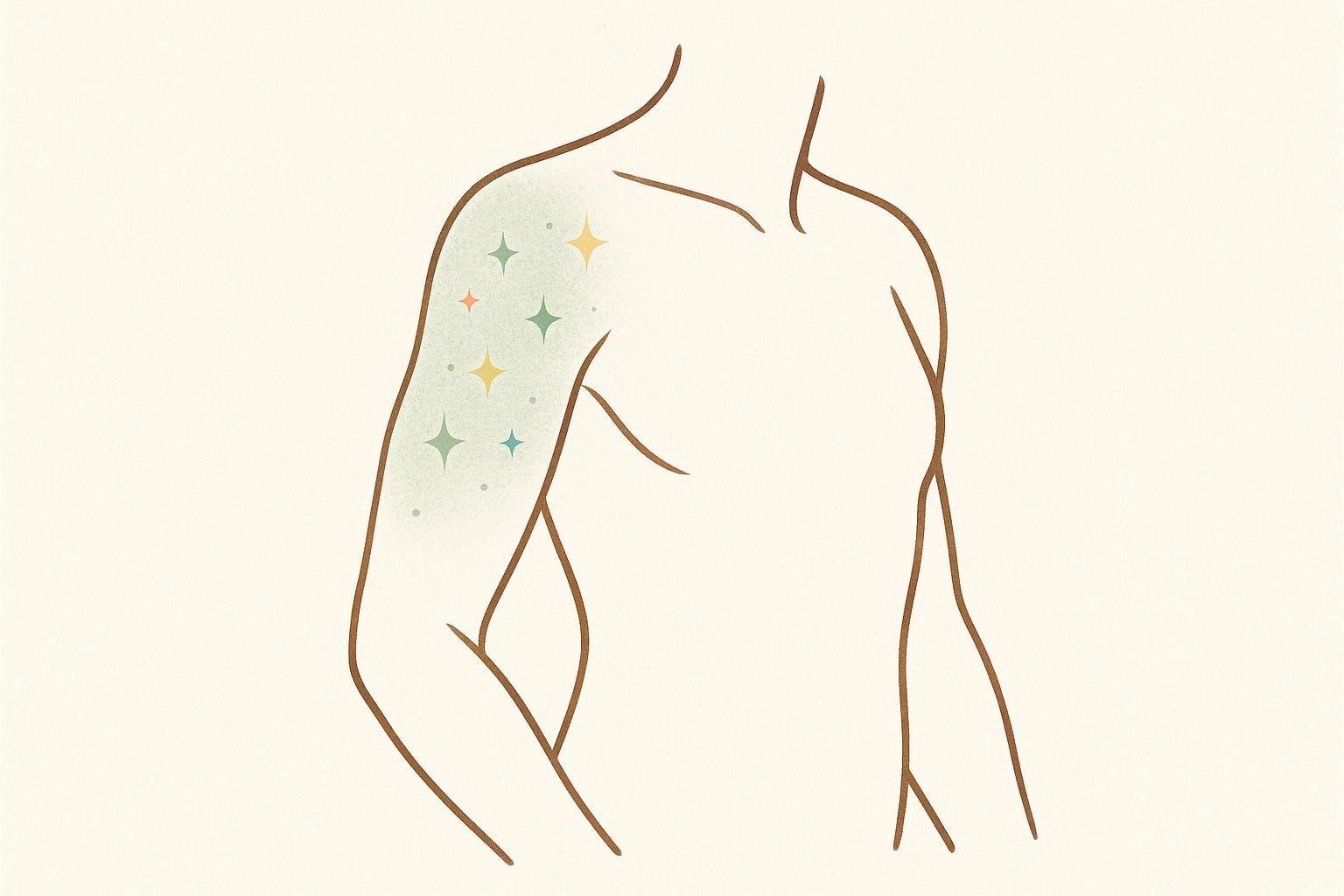 An illustrated arm with a gentle sparkling effect and green shading on the skin, representing the tingling side effect known as paresthesia from beta-alanine.