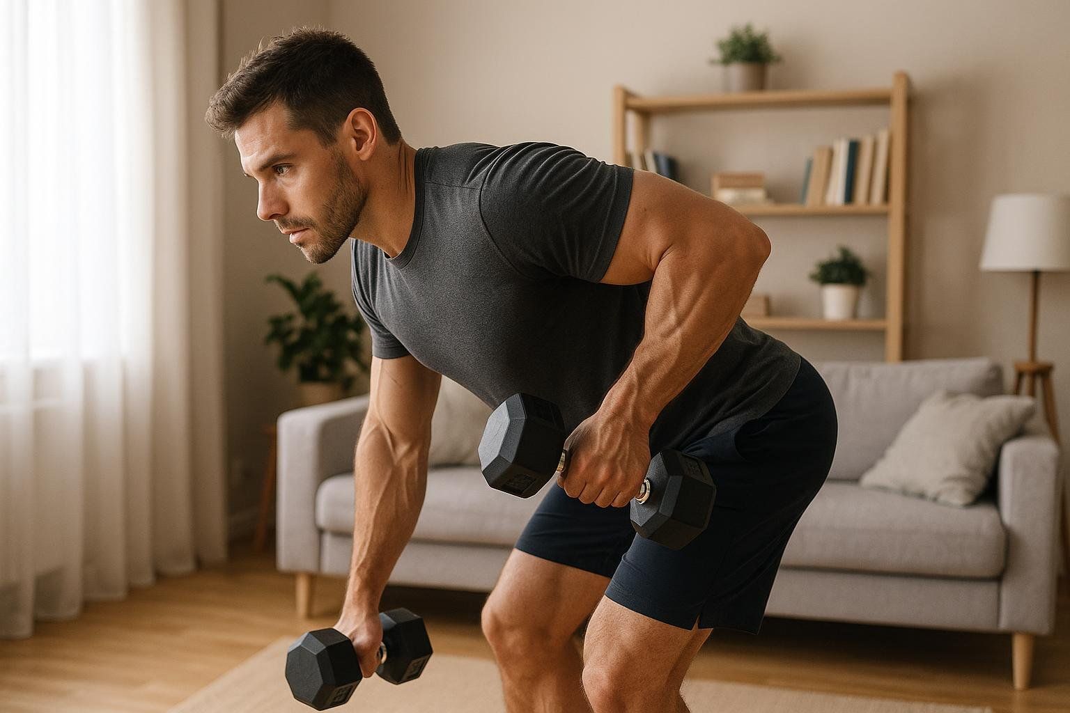 A man in a living room performing a strength training exercise, bent over while holding two dumbbells, in what appears to be a dumbbell row position.