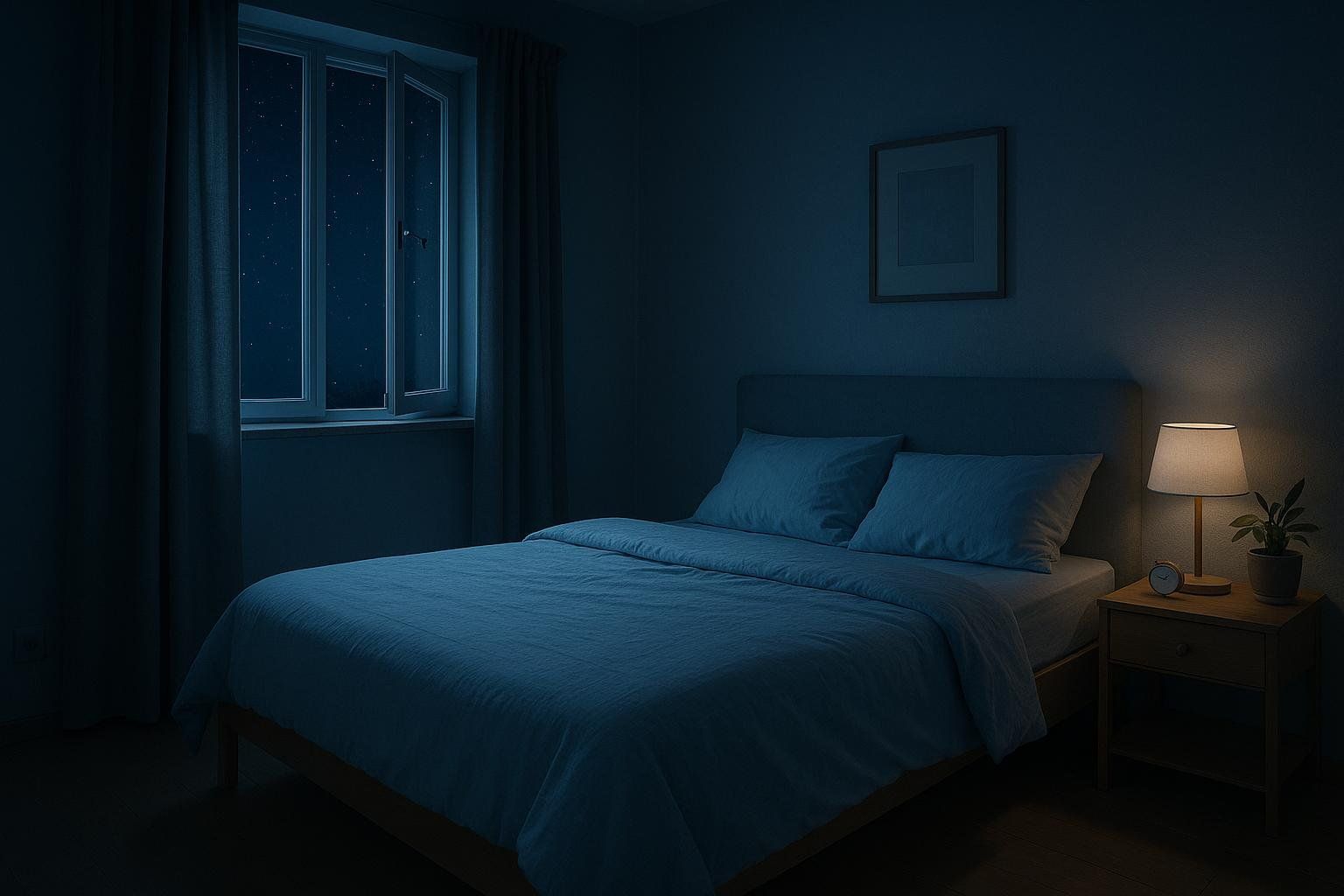 A serene and dark bedroom at night, with a window showing a starry sky. A warm bedside lamp casts a soft glow on a plant and an alarm clock, providing a peaceful ambiance for sleep.