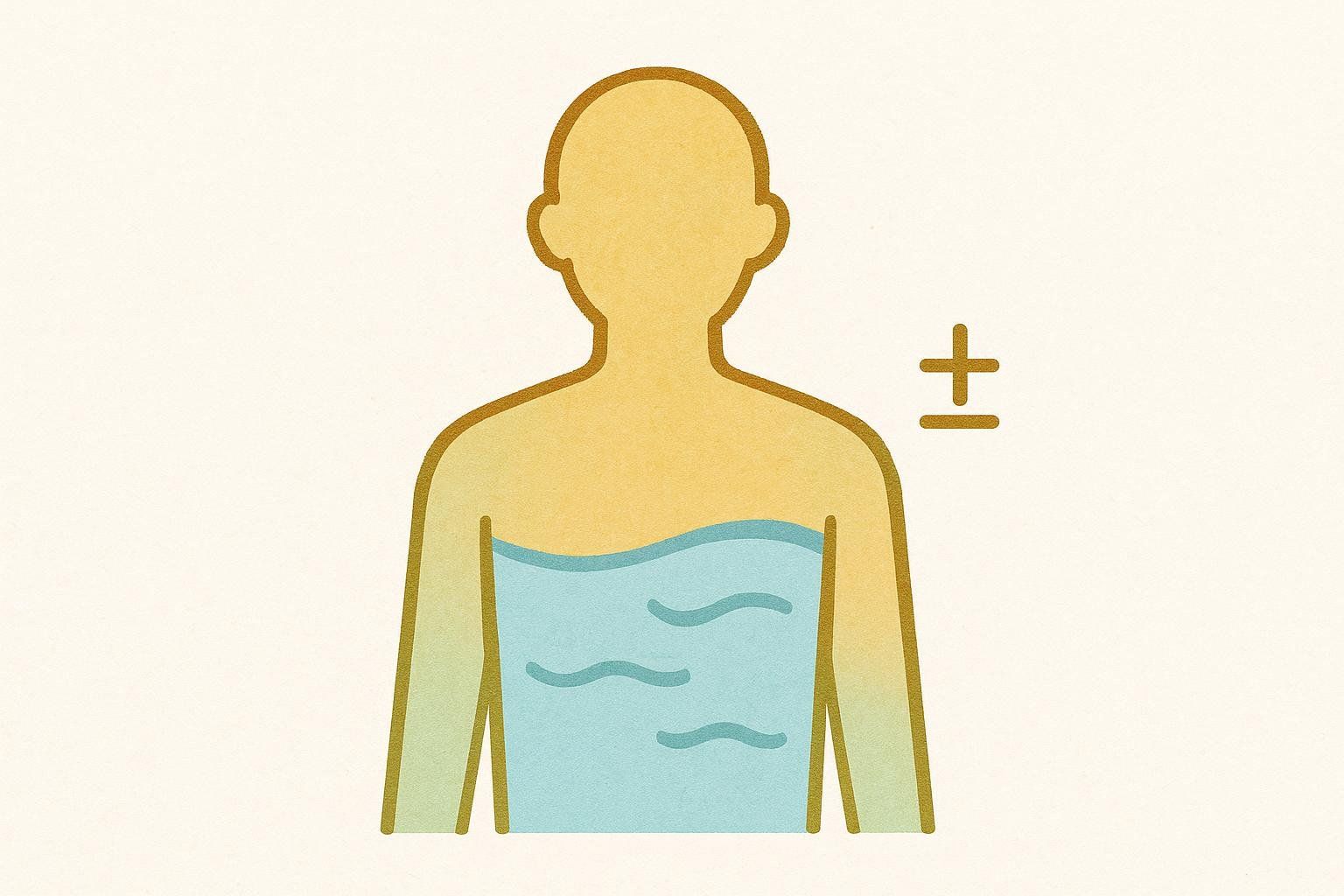 Illustration showing a human figure half-filled with water to represent how hydration levels affect body composition readings. A plus/minus symbol is next to the figure, indicating variability.