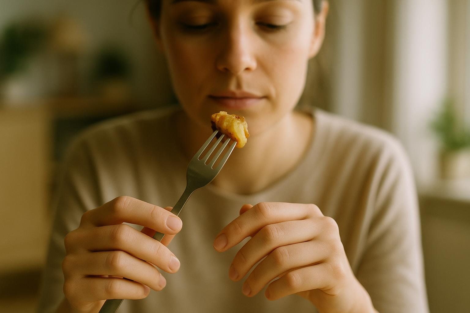 A close-up shot of someone practicing mindful eating by pausing to look at their food with appreciation before eating.