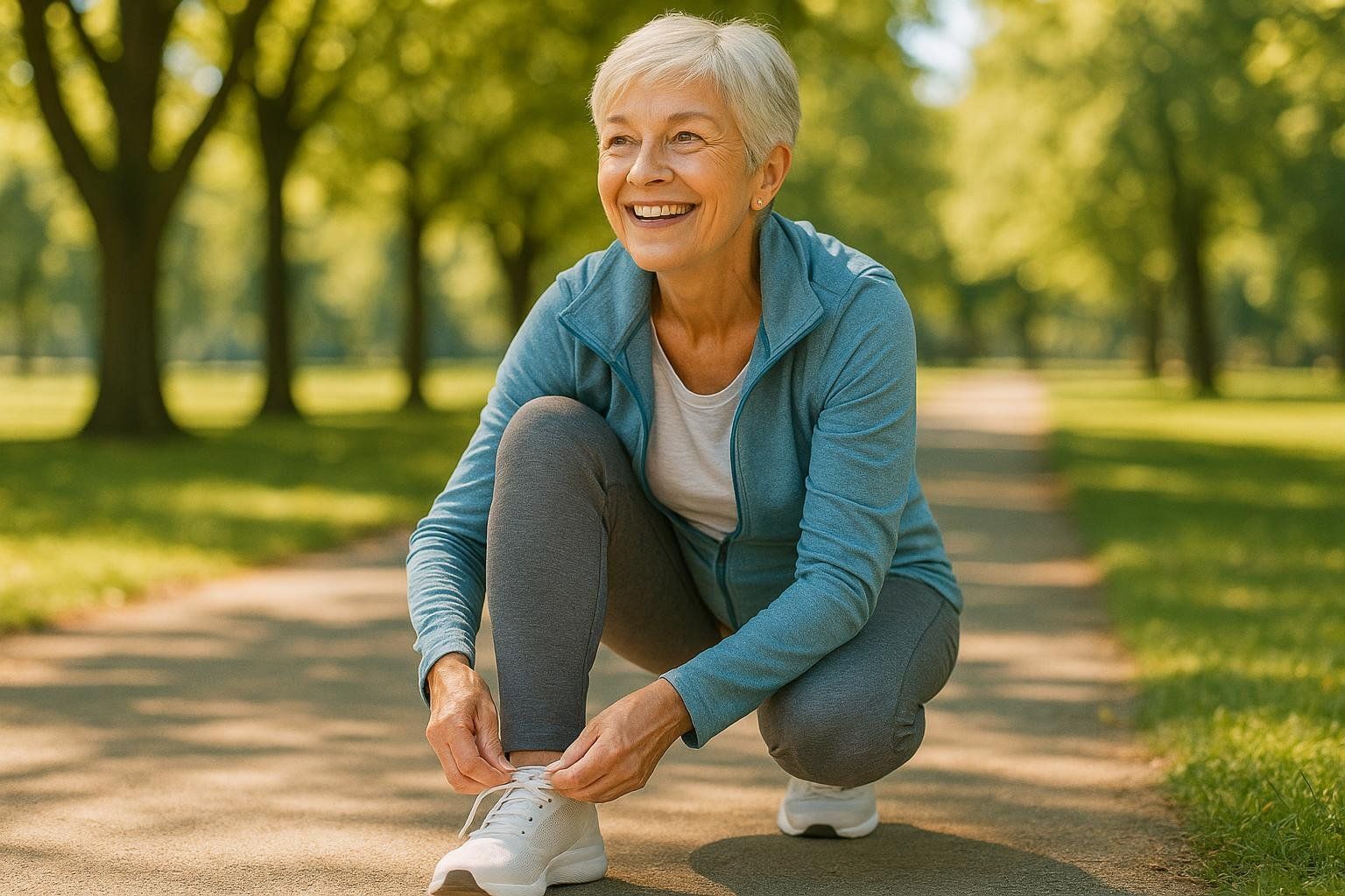 A smiling senior woman with short white hair squats to tie her white sneakers. She is wearing a blue jacket over a white shirt and gray leggings, in a sunny park with green trees and a path.