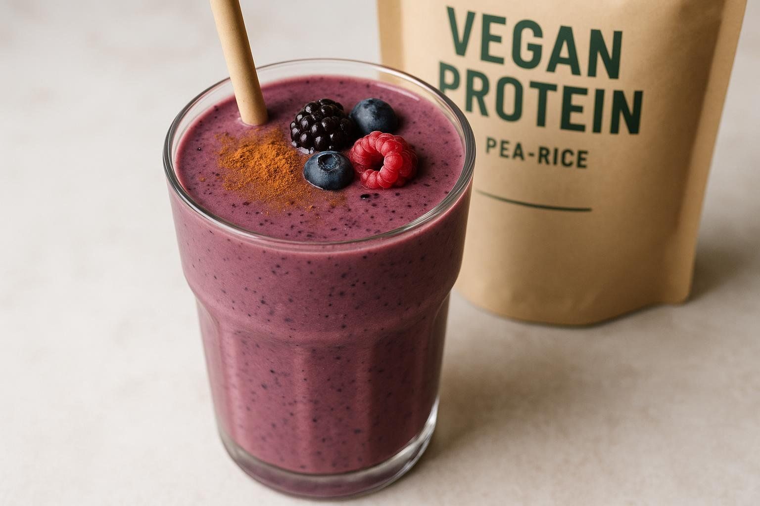 A delicious-looking vegan protein shake made with a pea-rice blend and mixed berries, including a raspberry, a blackberry, and two blueberries, dusted with cinnamon, next to a 'Vegan Protein Pea-Rice' pouch.