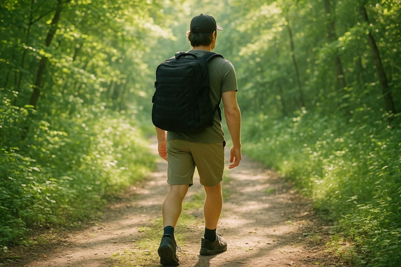 A person rucking on a peaceful forest trail, highlighting the mental benefits of outdoor exercise.