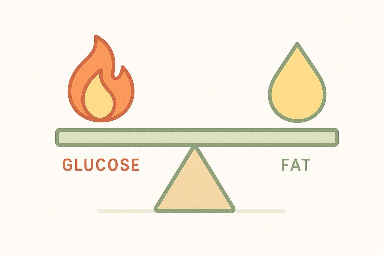 A seesaw is balanced, with a flame icon and the word 'GLUCOSE' on the left side, and a fat droplet icon and the word 'FAT' on the right side. This illustrates balance between burning glucose and fat.