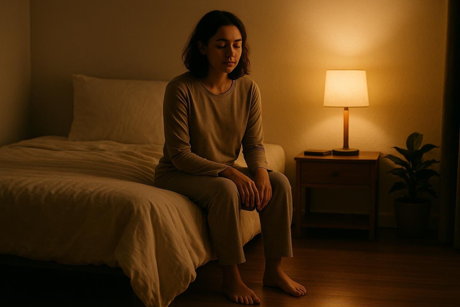A person sitting peacefully on their bed at night, embodying a calming bedtime routine.
