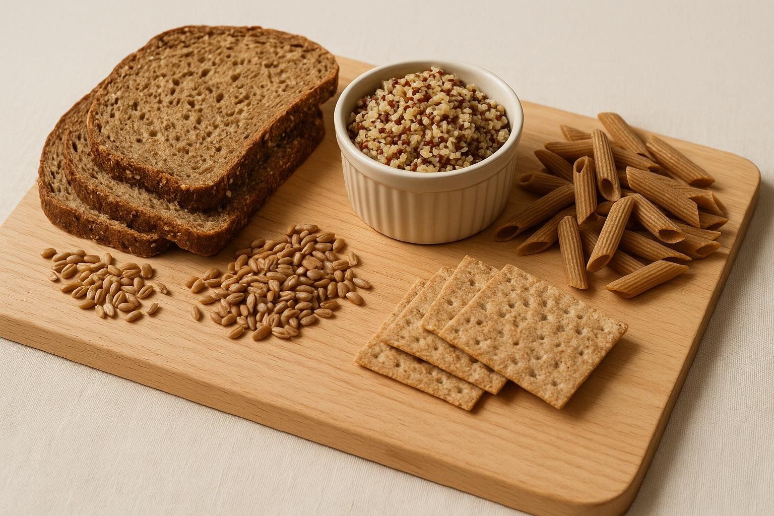 An assortment of whole grain foods, including slices of bread, cooked quinoa in a bowl, uncooked penne pasta, and crackers, all arranged on a wooden cutting board.