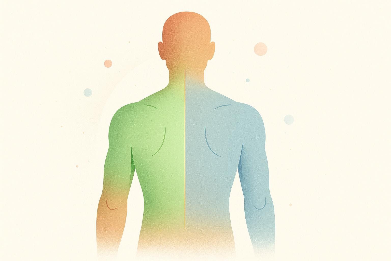 Abstract illustration of a human silhouette with the left side glowing green to represent strong muscles and the right side a faint blue, symbolizing a data-driven view of muscle imbalance.
