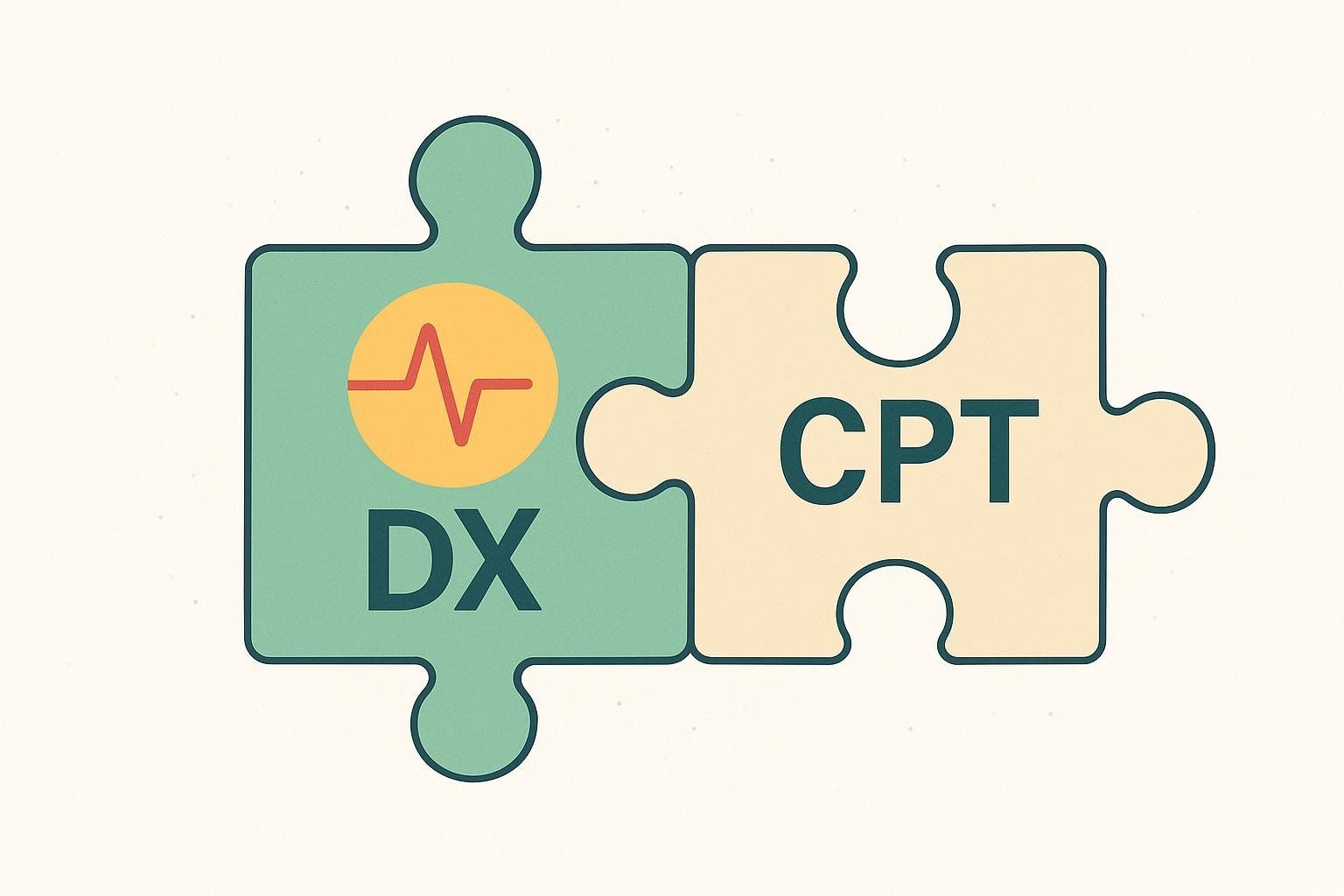 Two puzzle pieces, one green with 'DX' and a heart rate monitor symbol, and one beige with 'CPT', interlocking to represent accurate medical billing and coding.