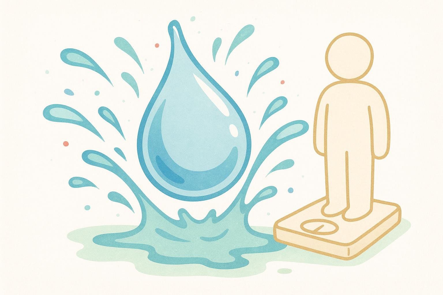 Illustration of a water splash next to a figure on a scale, symbolizing initial water weight loss on a carnivore diet.