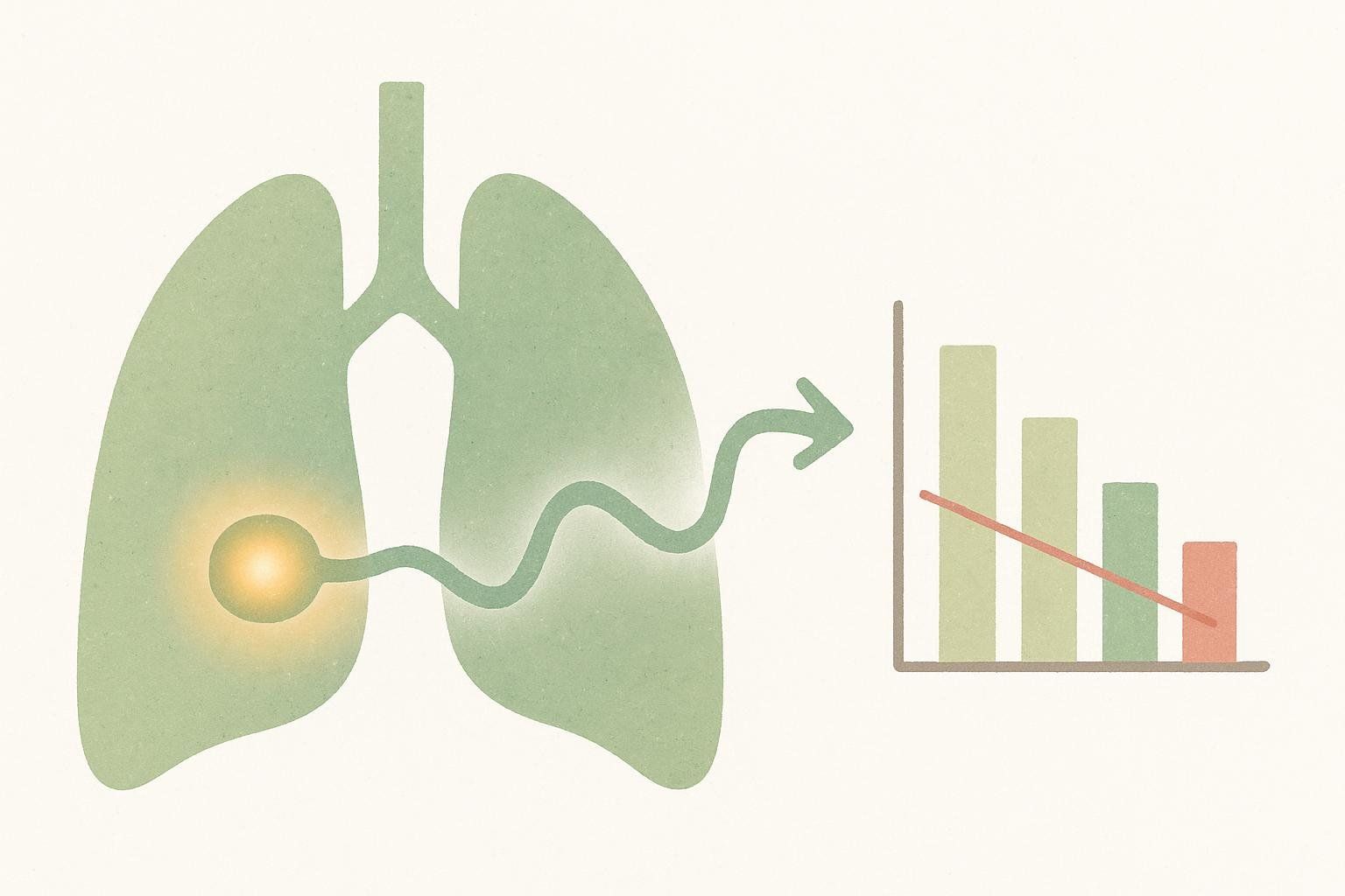A stylized diagram shows a green lung in the left half with a glow at the base and a wavy arrow leading to a diminishing bar chart on the right, suggesting how a lung issue might lead to decreasing accuracy in measurements.