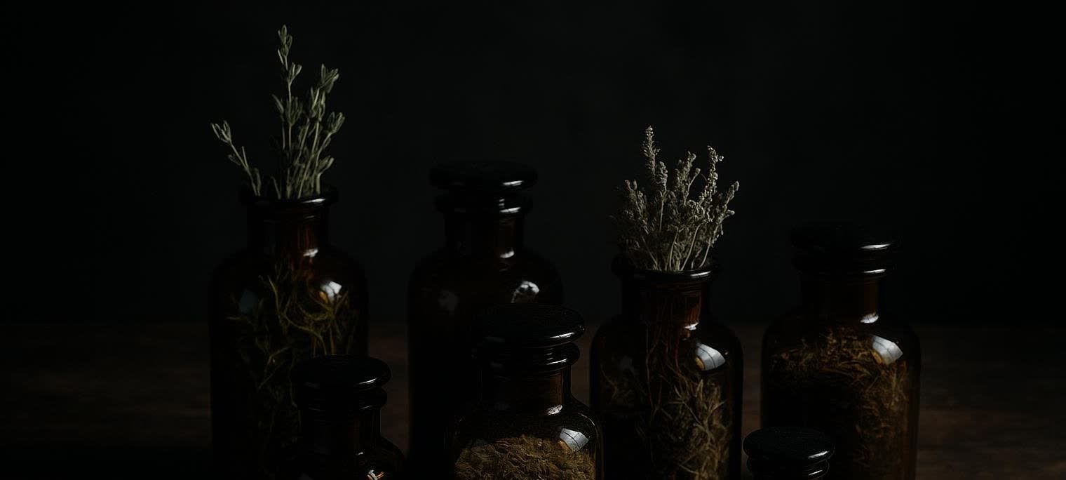 A moody photo of several bottles of herbal supplements, representing the mystery and skepticism surrounding parasite cleanse kits.