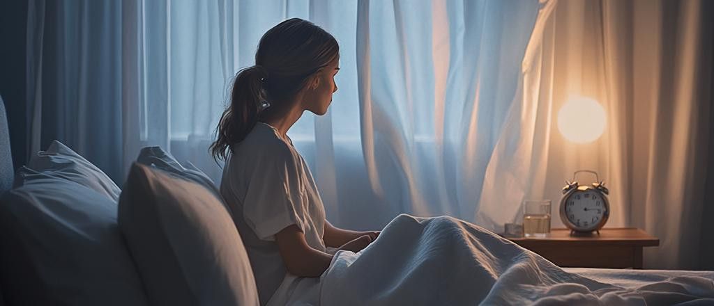 A young woman is sitting up in bed at night, looking sleepless and worried. An alarm clock sits on a bedside table beside her.