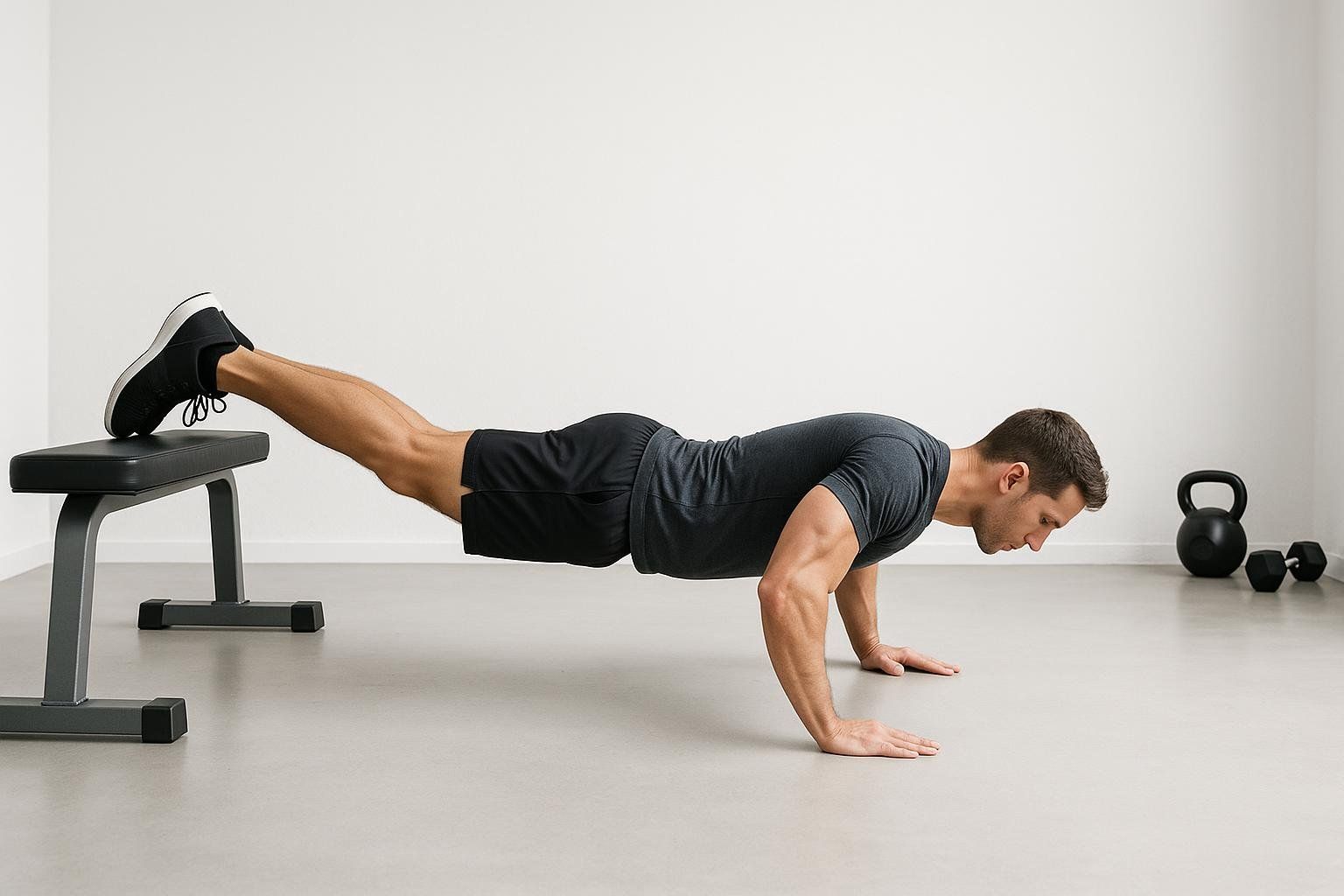 A man in athletic wear demonstrating the correct form for a feet-elevated push-up, with his feet resting on a black weight bench and his body in a straight line, targeting the upper chest.