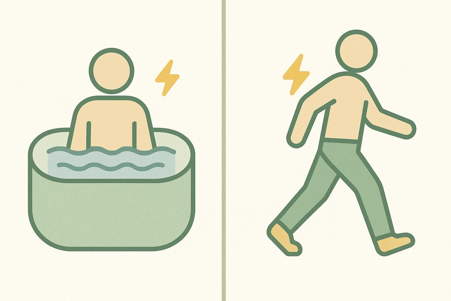 Illustration comparing calorie burn during cold exposure and brisk walking, with lightning bolt icons symbolizing energy expenditure.
