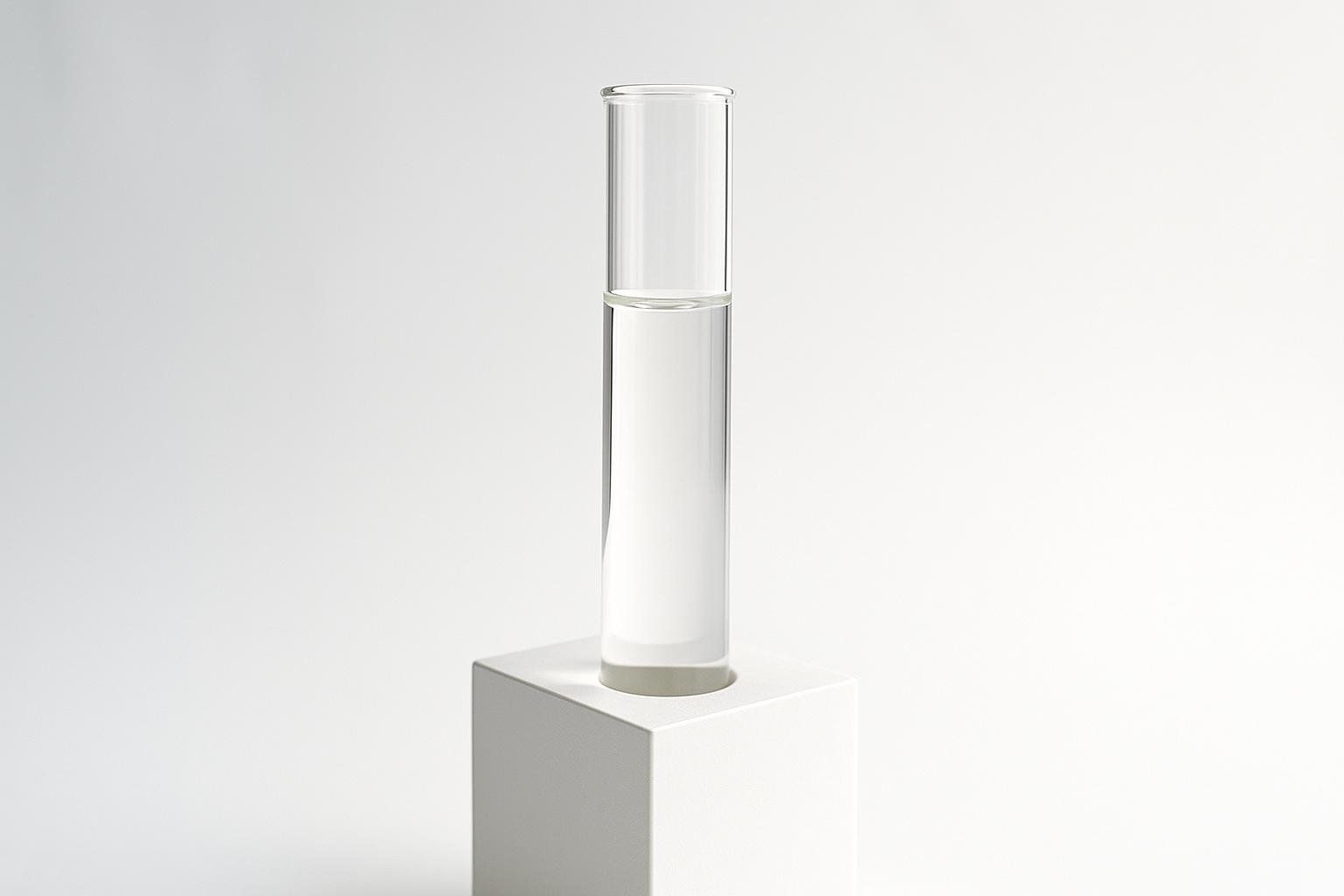 A single clear lab test tube, partially filled with a transparent liquid, standing upright on a minimalist white cubic stand against a clean white background. It represents various hormone tests available for perimenopause.