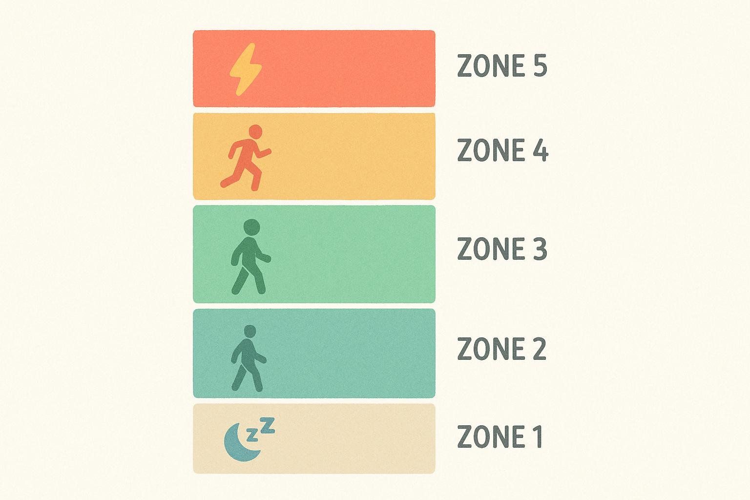 A colorful chart with five zones representing different heart rate training levels. Each zone has an icon showing the effort level and is labeled Zone 1 through Zone 5, with Zone 2 highlighted for steady state cardio.