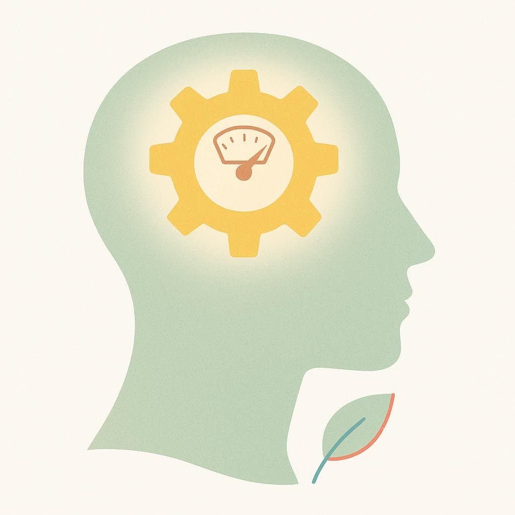 A stylized illustration of a human head in profile, light green in color, with a glowing yellow gear inside representing the brain. The gear has a gauge-like icon in its center. A small, stylized leaf with red and blue accents is positioned near the neck.