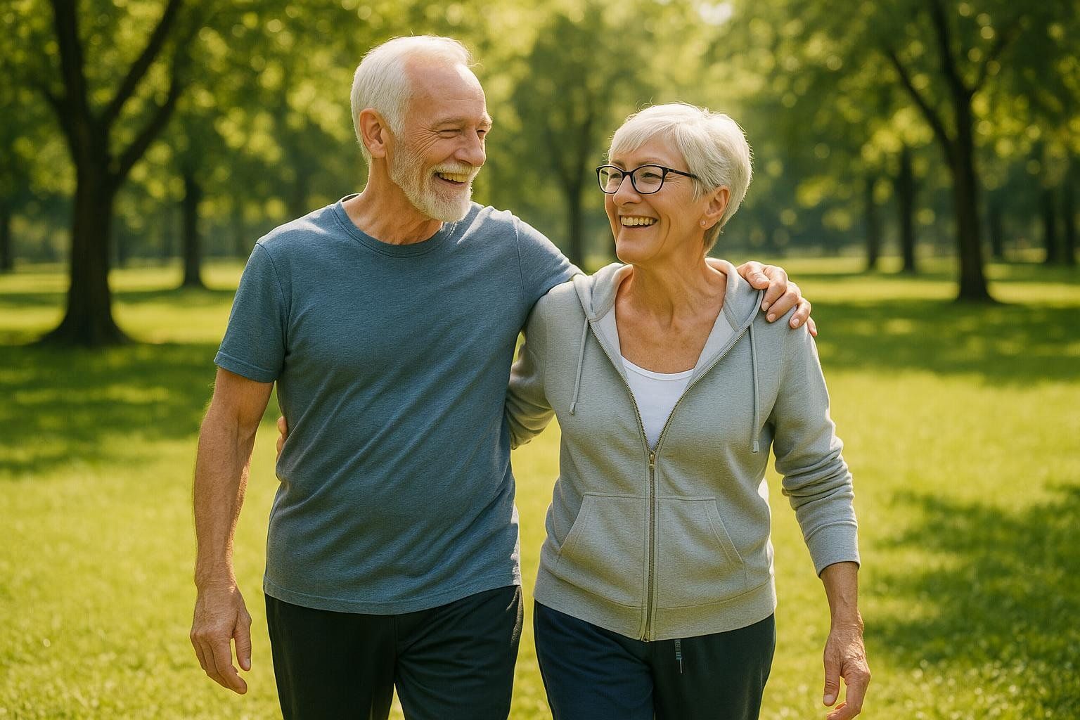 Healthy older couple walking happily in a park, illustrating the importance of healthspan for quality of life.