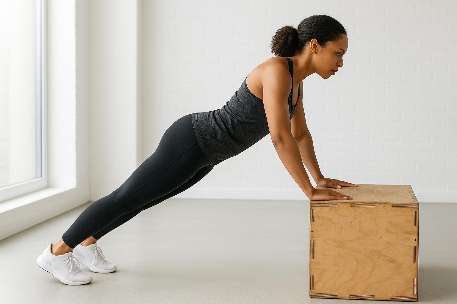 A person demonstrates a modified incline push-up with perfect form, hands on a box.