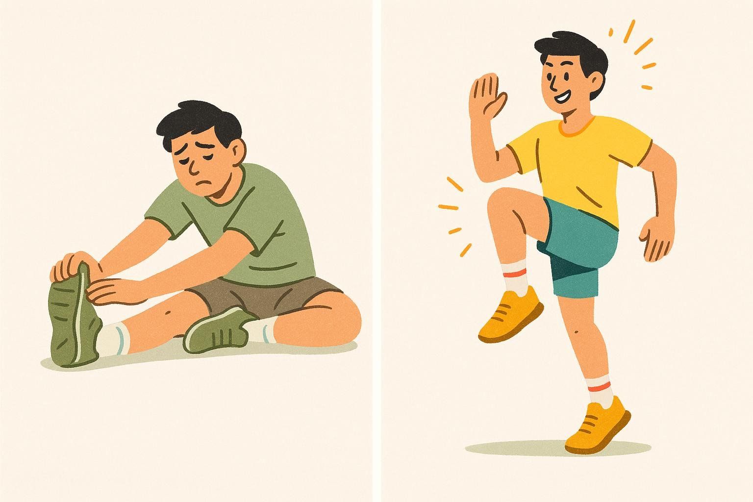 An illustration contrasting a tiresome static stretch with an energetic dynamic warm-up movement. On the left, a person sits on the ground with a sad expression while doing a static toe touch. On the right, a person with a happy expression is depicted in mid-stride, performing a dynamic knee hike.