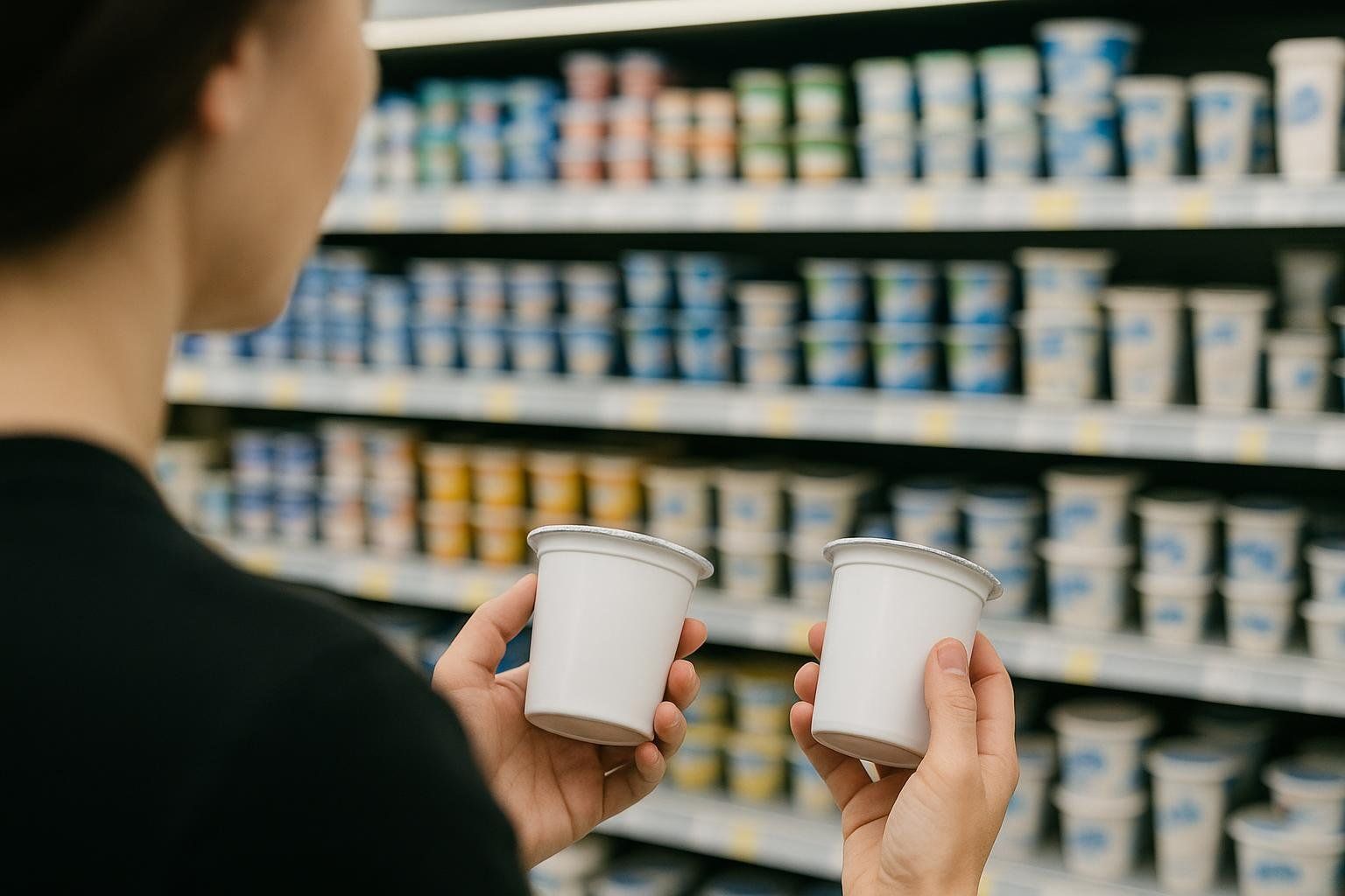 A shopper in a grocery aisle comparing the labels of two different yogurt containers.