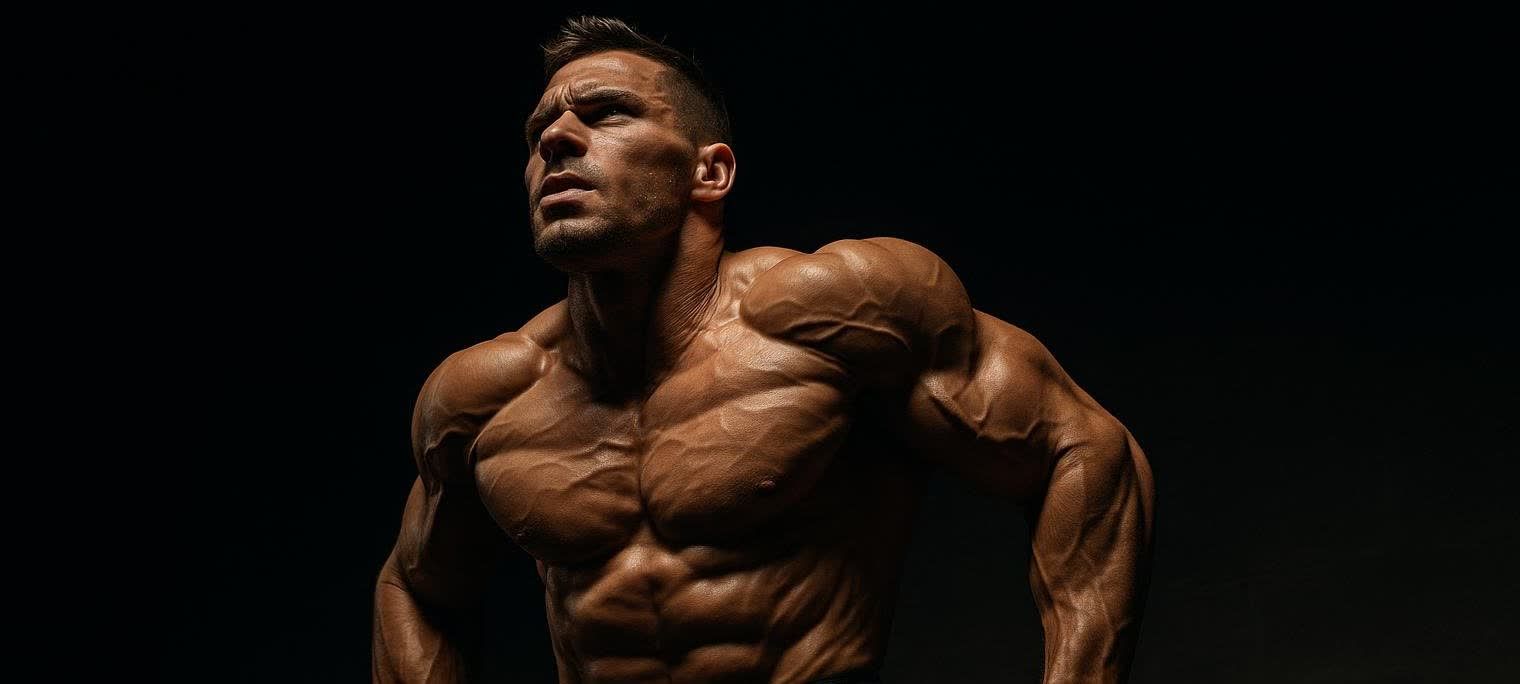 A low-angle studio shot of a very muscular man, shirtless, posing with his chest and shoulders flexed. His skin glows due to dramatic lighting from above, with his face looking upwards against a dark background, emphasizing his strong physique.
