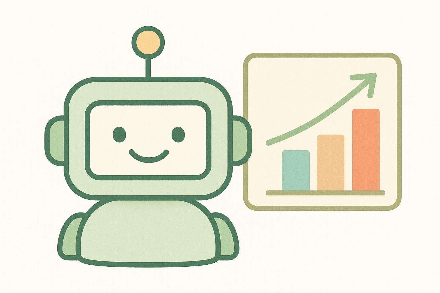 Illustration of a friendly chat bot icon next to a graph showing positive insights.