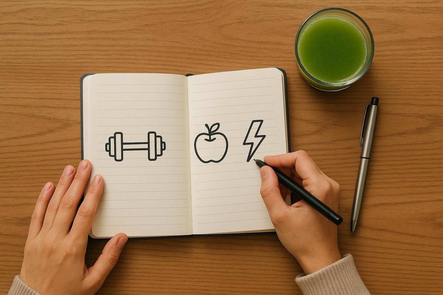A person drawing symbols for a dumbbell, apple, and lightning bolt into a journal, representing fitness, nutrition, and energy habits. Next to the journal is a glass of green juice.