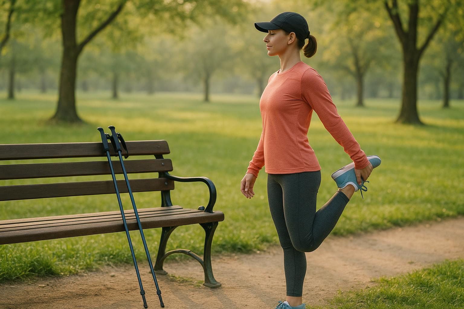 A person stretching in a park with their Nordic walking poles nearby, representing a proper warm-up or cool-down.