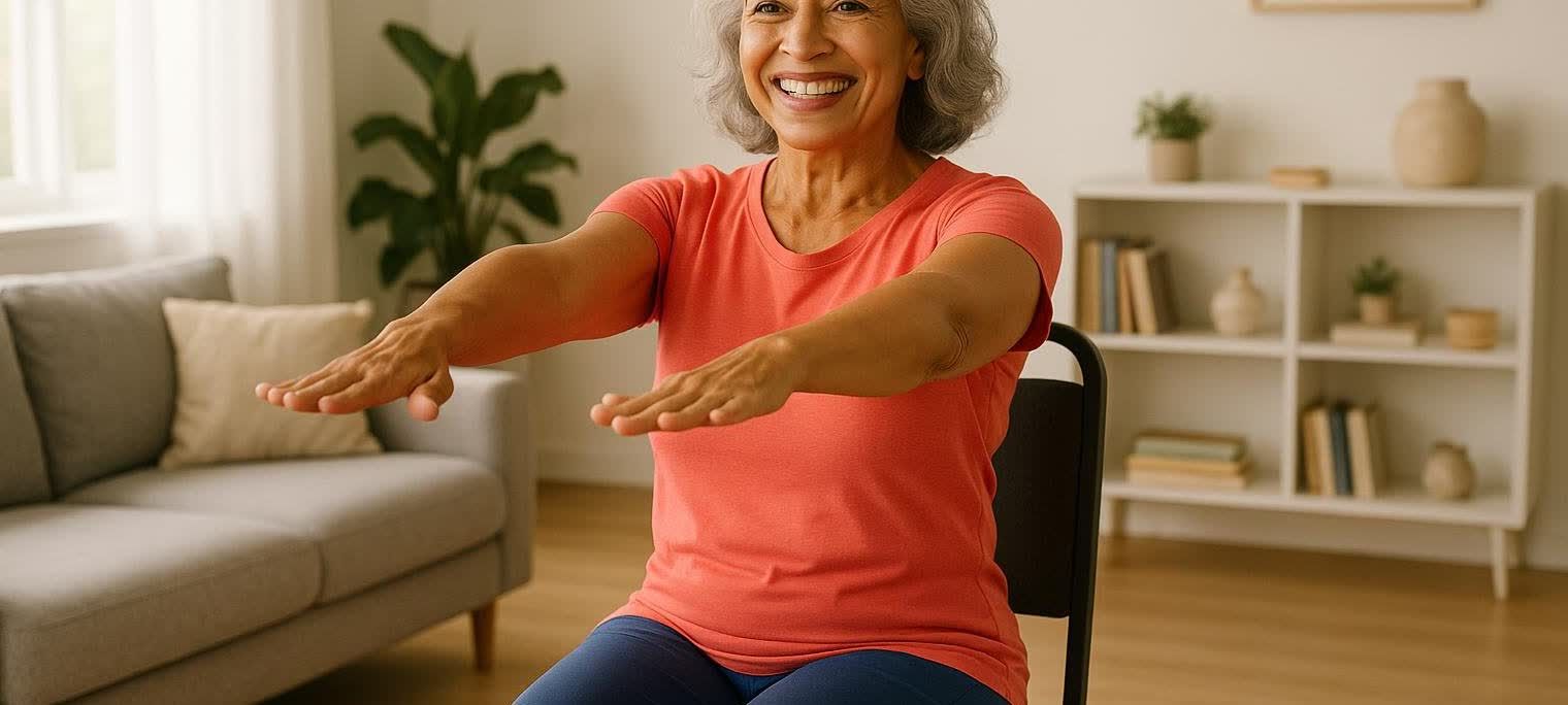 A smiling senior woman with gray hair, wearing a coral t-shirt and blue pants, performs a seated core exercise with arms extended forward in a bright living room.