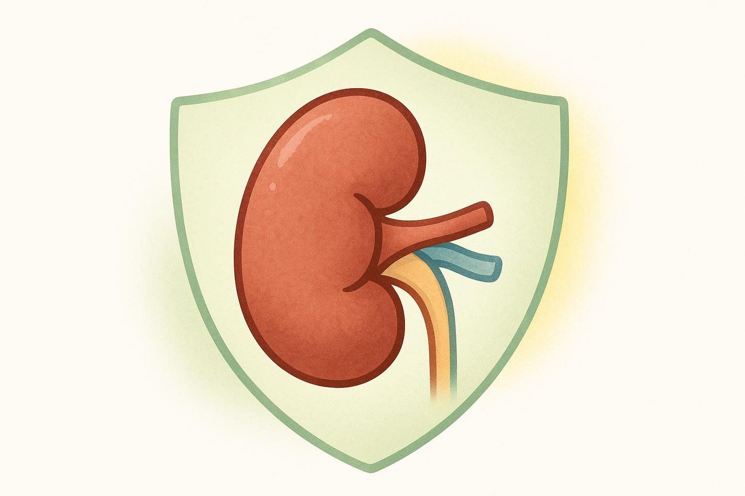 A stylized illustration of a healthy kidney being protected by a shield, representing kidney stone prevention.