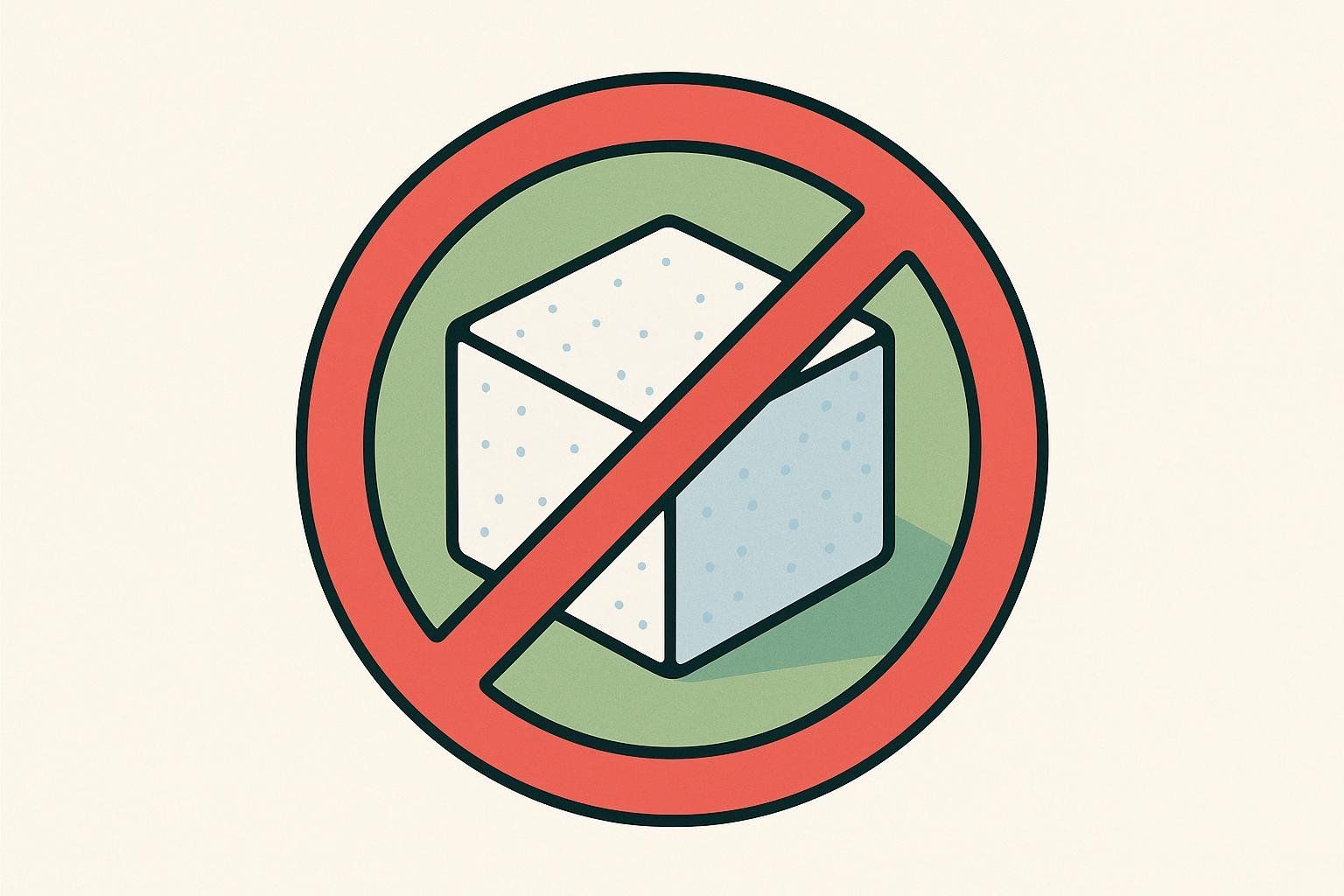 A graphic icon showing a sugar cube with a red circle and slash through it, symbolizing the need to limit added sugars for gut health.