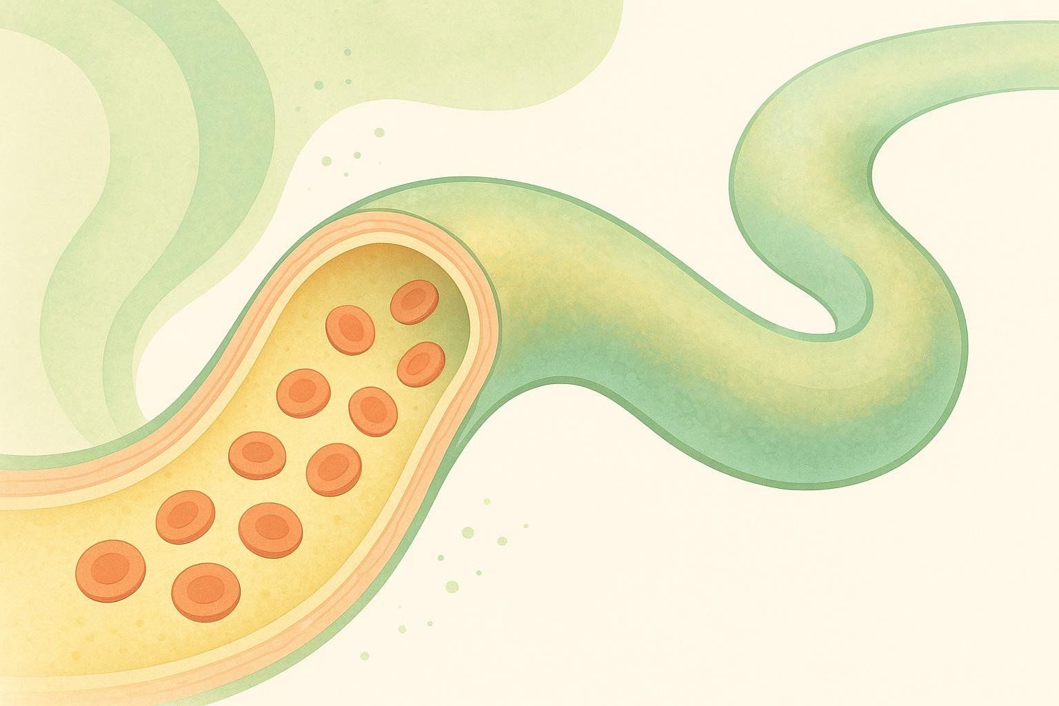 An abstract illustration of a healthy, open blood vessel with good circulation, featuring red blood cells flowing through a clear yellowish lumen, surrounded by green and peach colored vessel walls. The background is a light cream color with subtle green wisps and dots.