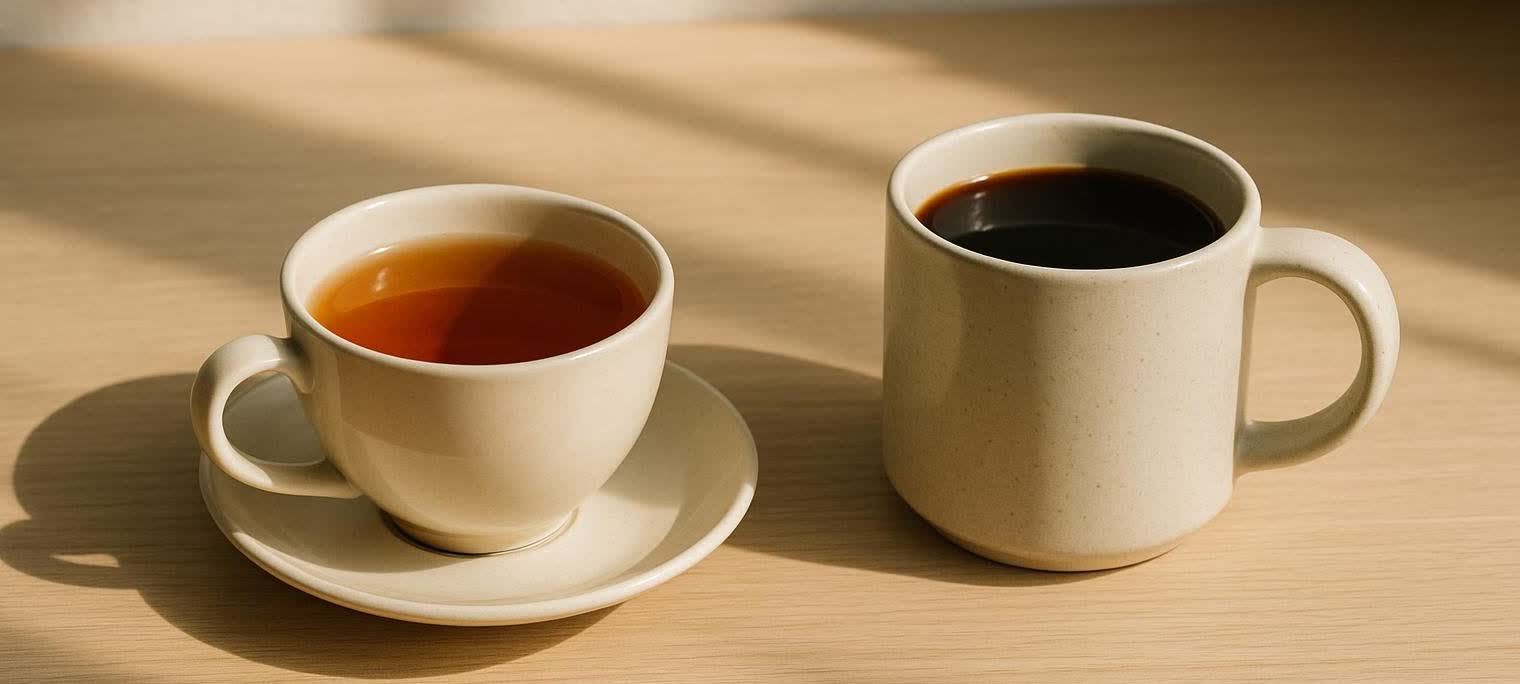 A side-by-side comparison of a teacup with amber-colored tea and a coffee mug with dark coffee, sitting on a light wooden table with natural light and shadows.